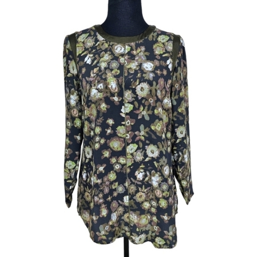 Doncaster Silk Floral Satin Long Sleeve Fall Blouse Size 4 Brown Green Business